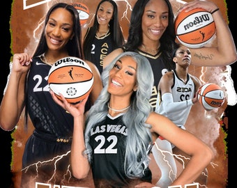 Puede incluir: Un collage de fotos de una jugadora de baloncesto con el nombre "A'ja Wilson" y el número "22" en su camiseta. Las fotos están sobre un fondo marrón con rayos.