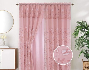 One Kylie Embroidered Curtain Panel with Attached Valance and Backing, 84" Long