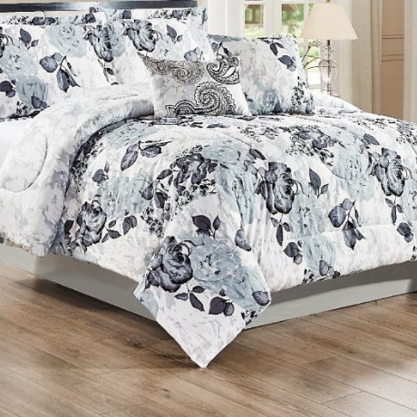 Rhonda 5 Piece Comforter Set Includes 2 Pillow Shams and 2 Throw Pillows, Grey Floral