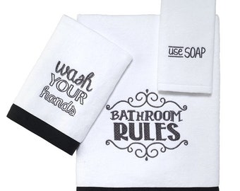 Chalk It Up 3 Piece Embroidered Bath Towel Hand Towel and Fingertip Towel Set Black and White