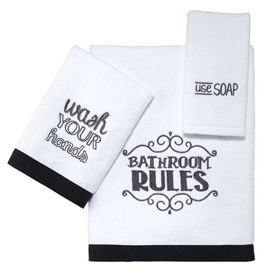 Chalk It Up 3 Piece Embroidered Bath Towel Hand Towel and Fingertip Towel  Set Black and White