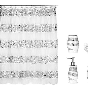 Popular Bath 5 Piece Sinatra WHITE Shower Curtain and Resin Bath Accessories Set 