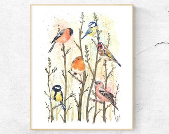 British Garden Birds on branches art print, Bird watercolour wall art decor, Bird watching colourful art bird lover gifts Woodland art print
