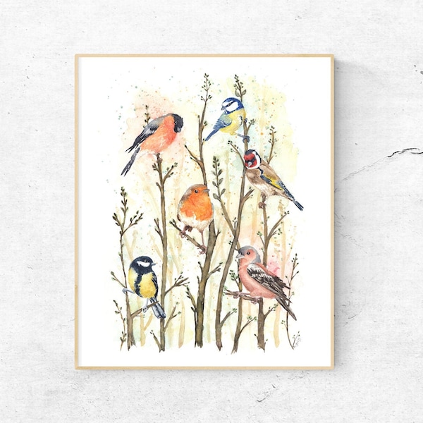 British Garden Birds on branches art print, Bird watercolour wall art decor, Bird watching colourful art bird lover gifts Woodland art print