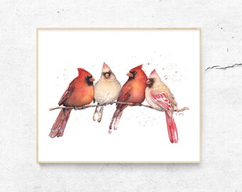 Cardinal Bird Watercolor Print: 'Garden Gossip' Art