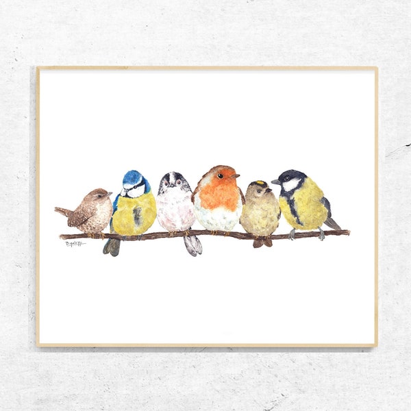 Impression d'oiseaux de jardin britanniques. Art mural oiseaux sur une branche. Art d'estampes d'oiseaux. Peinture d'oeuvre d'art d'aquarelle d'oiseau. Déco cadeau pour amateur d'observation des oiseaux