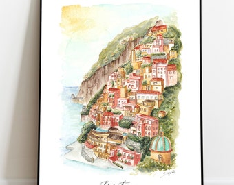 Positano Print - Amalfi Coast Art - Italy Travel Poster - watercolour print