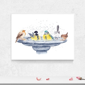 British Garden Birds print: Bird bath watercolour painting, Birdwatching gifts ideas, Birds wall decor