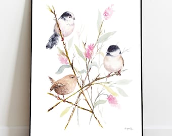 British Garden Birds Print: Wren, Coal tit and long-tailed tit bird wall art