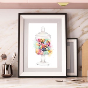 Colourful candy wall decor, candy art print, Jar of sweets cake wall art kitchen decor birds print food illustration watercolour painting image 4