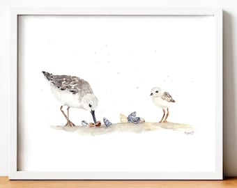 Winziger Vogel Kunstdruck, Sanderling Druck, Strand Ozean Thema Dekor, niedliche kleine Aquarellmalerei, Miniaturmalerei Strandläufer Vogel Wandkunst