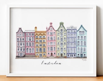 Amsterdam Print, Amsterdam houses watercolour painting, Cityscape wall art, Amsterdam Travel poster, The Netherlands city whimsical art