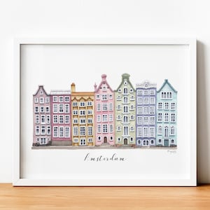 Amsterdam Print, Amsterdam houses watercolour painting, Cityscape wall art, Amsterdam Travel poster, The Netherlands city whimsical art