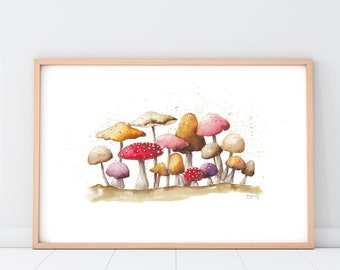 Colourful Mushrooms Art Print: Woodland Fungi Poster - watercolour mushrooms wall decor