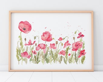Poppy watercolour art print, red flowers watercolour painting, Poppy field painting, red wall home decor, wildflowers wall art