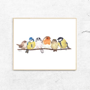 British Garden Birds print. Birds on branch wall art. Bird prints art. Bird watercolour artwork painting . Bird watching lover gift decor
