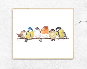Lámina de pájaros de jardín británico. Arte mural de pájaros en ramas. Láminas de pájaros. Acuarela de pájaros. Decoración para amantes de la observación de aves.