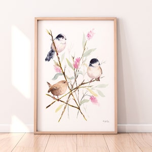 Bird print with birds on branches and flowers, Bird art watercolour painting, British Birds painting, birds wall art, pink bird home decor