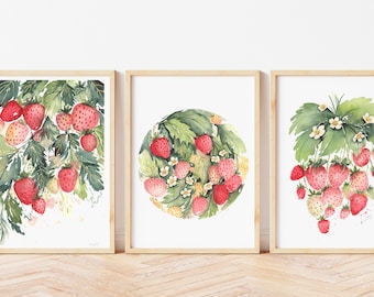 Strawberry Set of prints - Fruit Wall Art - Kitchen decor