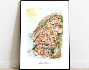Positano Print - Amalfi Coast Art - Italy Travel Poster - watercolour print
