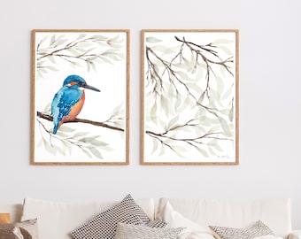 Lot de 2 gravures Martin-pêcheur | Art de martin-pêcheur | Ensemble d'impressions d'oiseaux | Aquarelle bleu-vert | Art mural imprimé nature | Verdure