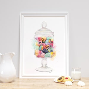 Colourful candy wall decor, candy art print, Jar of sweets cake wall art kitchen decor birds print food illustration watercolour painting image 1