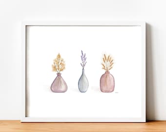 Flowers in vase print, Rustic wall art , Cottage core prints,  Neutral wall art,  Farmhouse decor, wildflowers painting, lavender art print