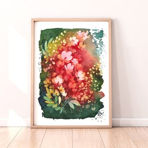 Abstract Floral watercolour painting, Colourful Vibrant Botanical art print, Botanical wall decor, Pink and green Flowers and leaves art