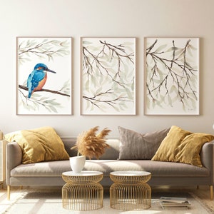 Eisvogel Kunst 3er-Set Drucke | Vogel Kunstdruck | Britischer Vogel auf Ast drucken | Wildtiere Kunst Aquarell Malerei | Botanische Illustration