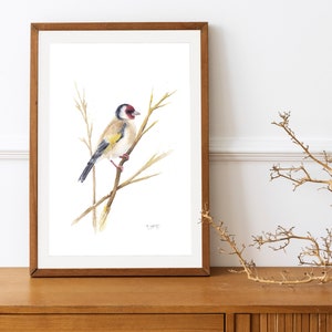 Goldfinch art print, Bird print watercolour painting, Goldfinch on branch, neutral minimalistic farmhouse decor, cottage countryside home,