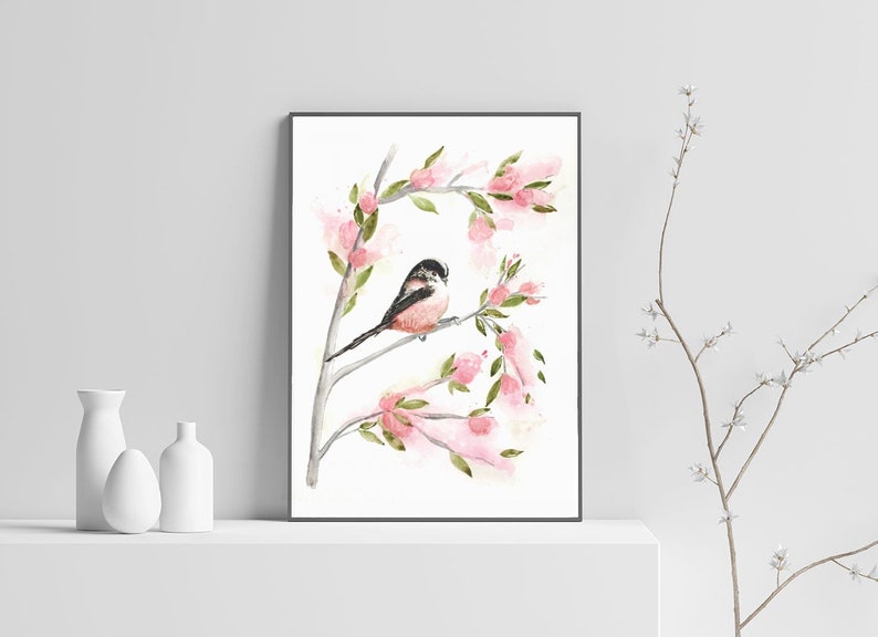Backyard birds watercolour painting Bird lover gifts home decor Garden Bird print Blush pink large wall art baby girl wall art decor