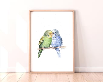 鳥の絵画 / オリジナル油絵の版画 / セキセイインコ / 止まり木に