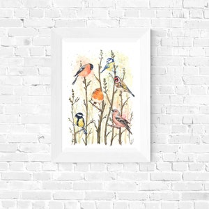 May include: A framed watercolor print featuring a collection of colorful birds perched on slender branches. The birds, in shades of red, yellow, blue, and pink, are set against a soft, neutral background. The artwork is encased in a white frame, creating a clean, modern aesthetic.