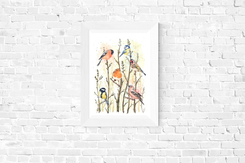 May include: A framed watercolor print featuring a collection of colorful birds perched on slender branches. The birds, in shades of red, yellow, blue, and pink, are set against a soft, neutral background. The artwork is encased in a white frame, creating a clean, modern aesthetic.