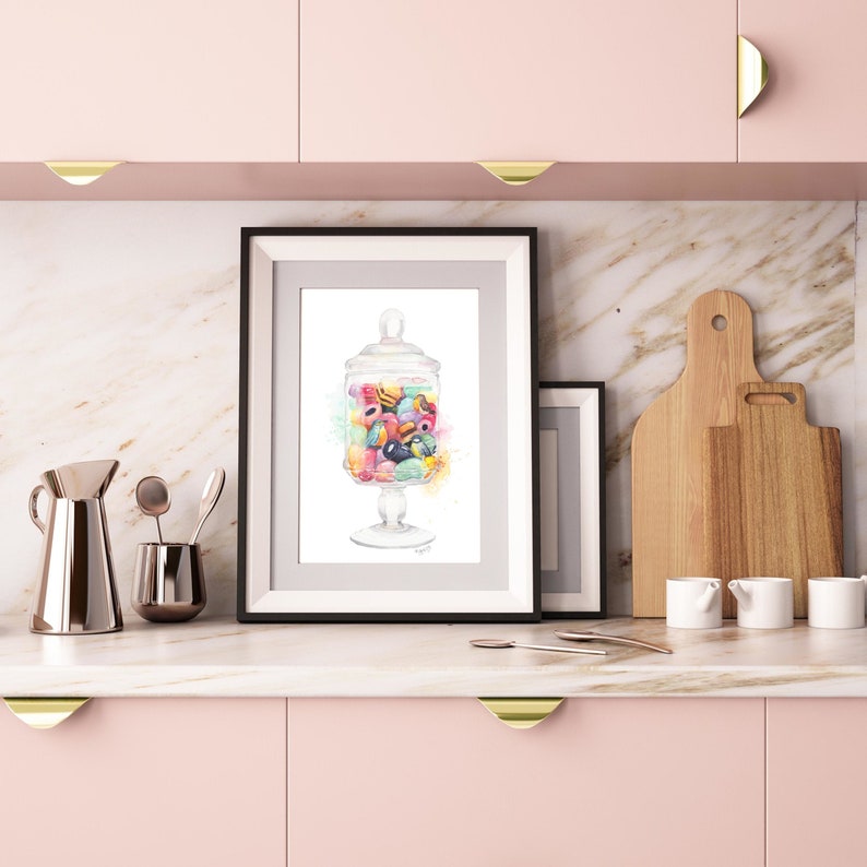 Colourful candy wall decor, candy art print, Jar of sweets cake wall art kitchen decor birds print food illustration watercolour painting image 4