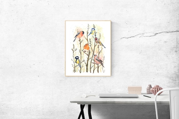 British Garden Birds on branches art print, Bird watercolour wall art decor, Bird watching colourful art bird lover gifts Woodland art print