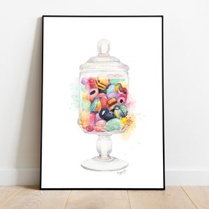 Colourful candy wall decor, candy art print, Jar of sweets cake wall art kitchen decor birds print food illustration watercolour painting image 3