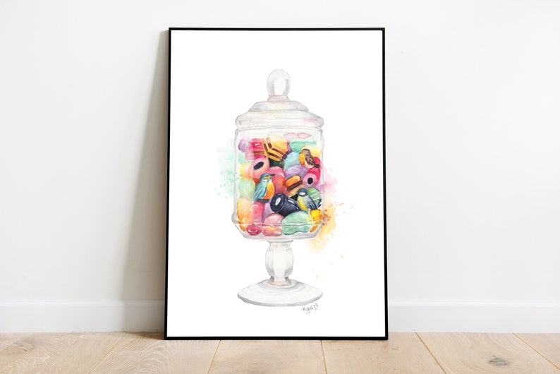 Colourful candy wall decor, candy art print, Jar of sweets cake wall art kitchen decor birds print food illustration watercolour painting image 3