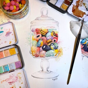 Colourful candy wall decor, candy art print, Jar of sweets cake wall art kitchen decor birds print food illustration watercolour painting image 2