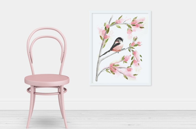 Backyard birds watercolour painting Bird lover gifts home decor Garden Bird print Blush pink large wall art baby girl wall art decor