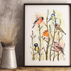 May include: A framed watercolor print featuring several colorful birds perched on tree branches. The birds include a red bullfinch, a blue tit, a robin, and a goldfinch. The artwork has a soft, natural aesthetic, with a neutral background.