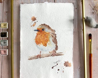 Robin Bird Original Painting - British Garden Bird art - Robin Picture - Bird lover gift Watercolour painting