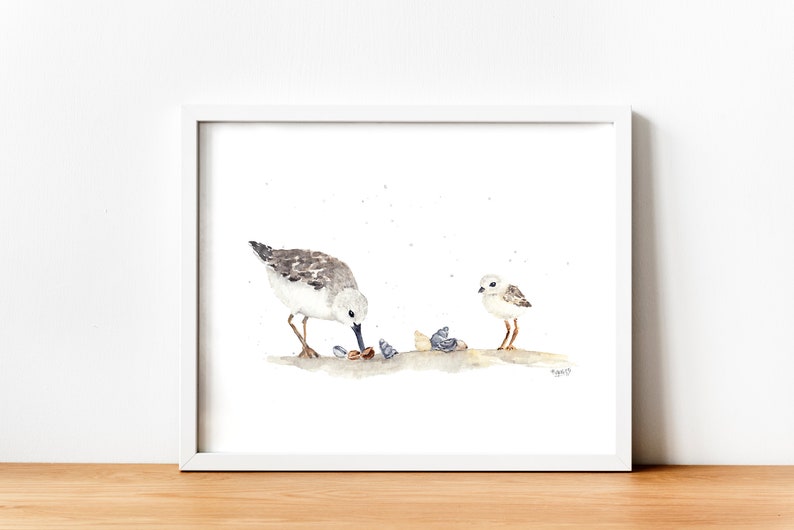 Winziger Vogel Kunstdruck, Sanderling Druck, Strand Ozean Thema Dekor, niedliche kleine Aquarellmalerei, Miniaturmalerei Strandläufer Vogel Wandkunst Bild 1