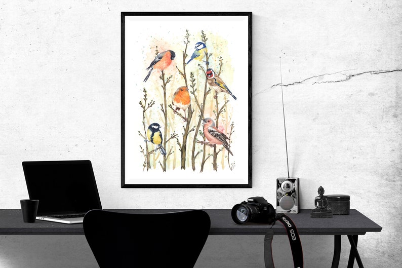 May include: A framed watercolor print featuring seven colorful birds perched on branches. The birds include a robin, a blue tit, a bullfinch, and a goldfinch, set against a soft, abstract background. The artwork is displayed on a desk with a laptop and camera.