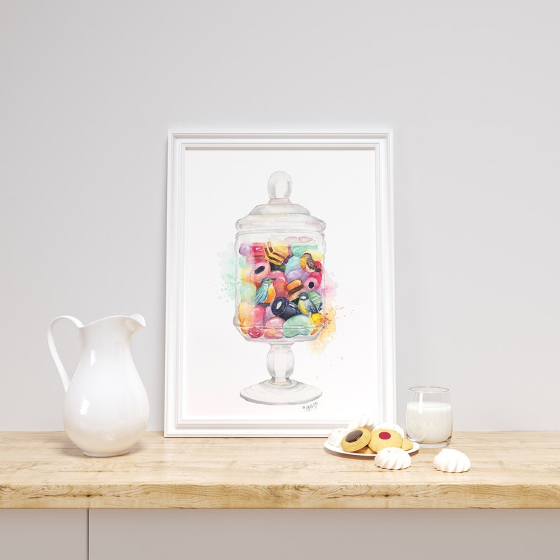 Colourful candy wall decor, candy art print, Jar of sweets cake wall art kitchen decor birds print food illustration watercolour painting image 1