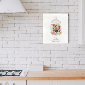 Colourful candy wall decor, candy art print, Jar of sweets cake wall art kitchen decor birds print food illustration watercolour painting image 5