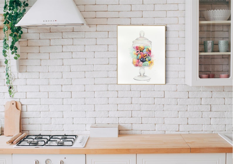 Colourful candy wall decor, candy art print, Jar of sweets cake wall art kitchen decor birds print food illustration watercolour painting image 5