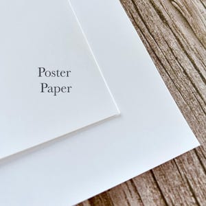 May include: Close-up of white poster paper with the words "Poster Paper" printed in black. The paper is layered, with a smaller sheet on top of a larger one. The background is a wooden surface.