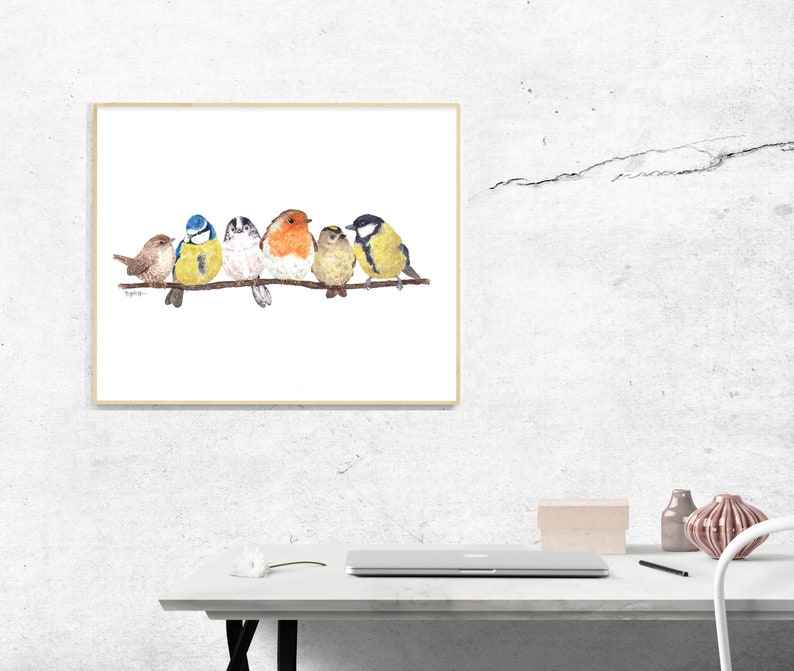 British Garden Birds print. Birds on branch wall art. Bird prints art. Bird watercolour artwork painting . Bird watching lover gift decor image 1