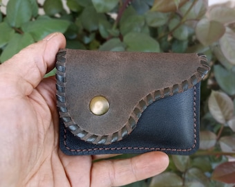 Small black and brown leather purse, handmade coin holder. Handmade leather card holder